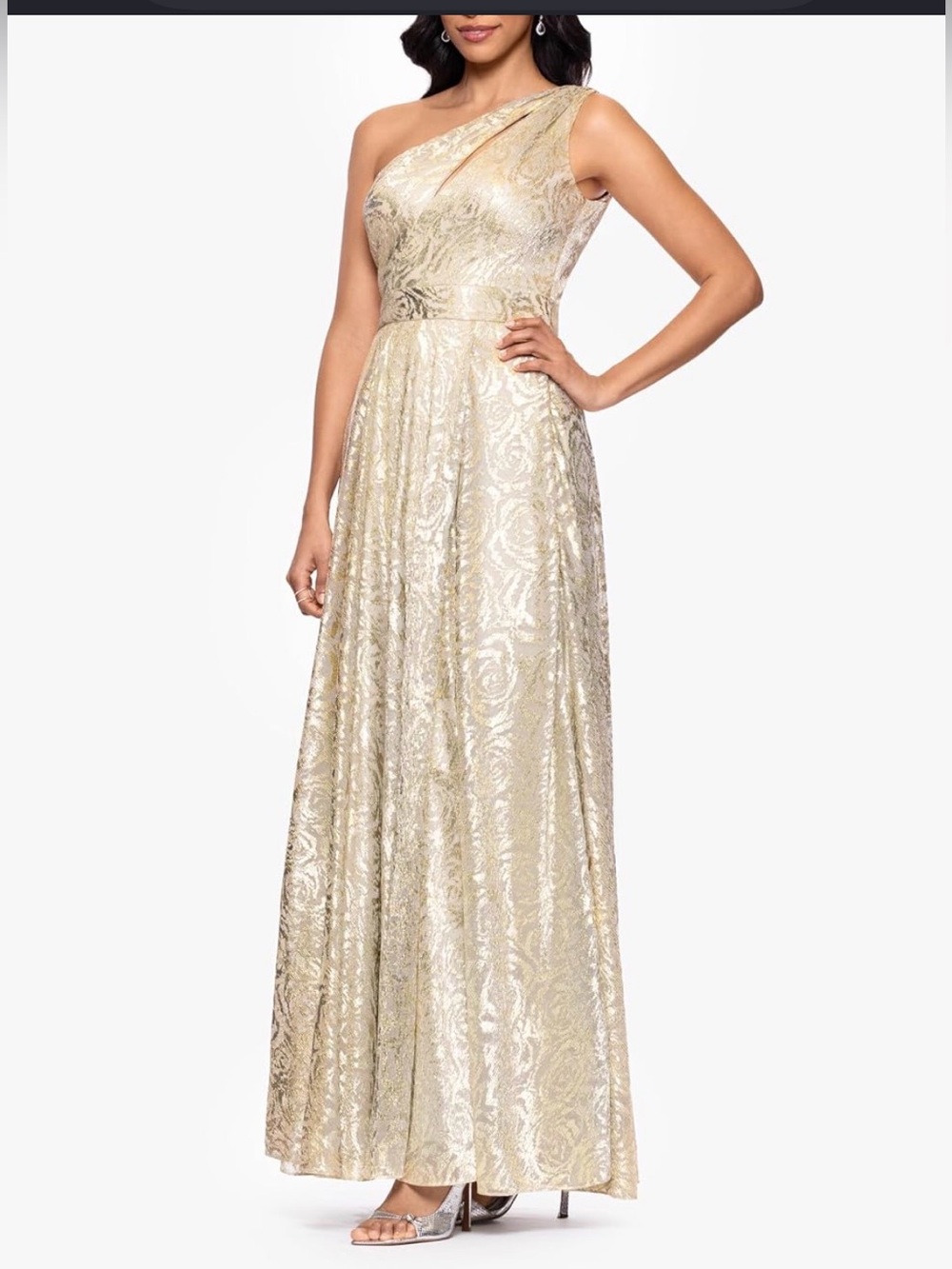 Betsy & Adam One Shoulder Foil Flower Gown-Size 4. Champagne & Gold. NWT.
